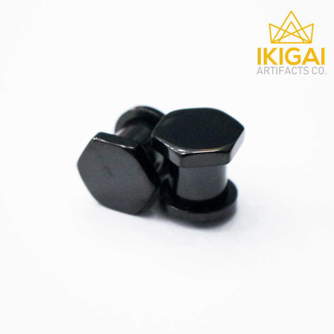 10mm - Black PVD coated Surgical Steel Hex plugs - Single Flare