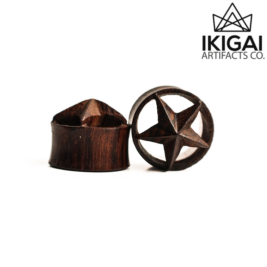 7/8" - Hand Carved Wooden Double Flare Plugs - Stars