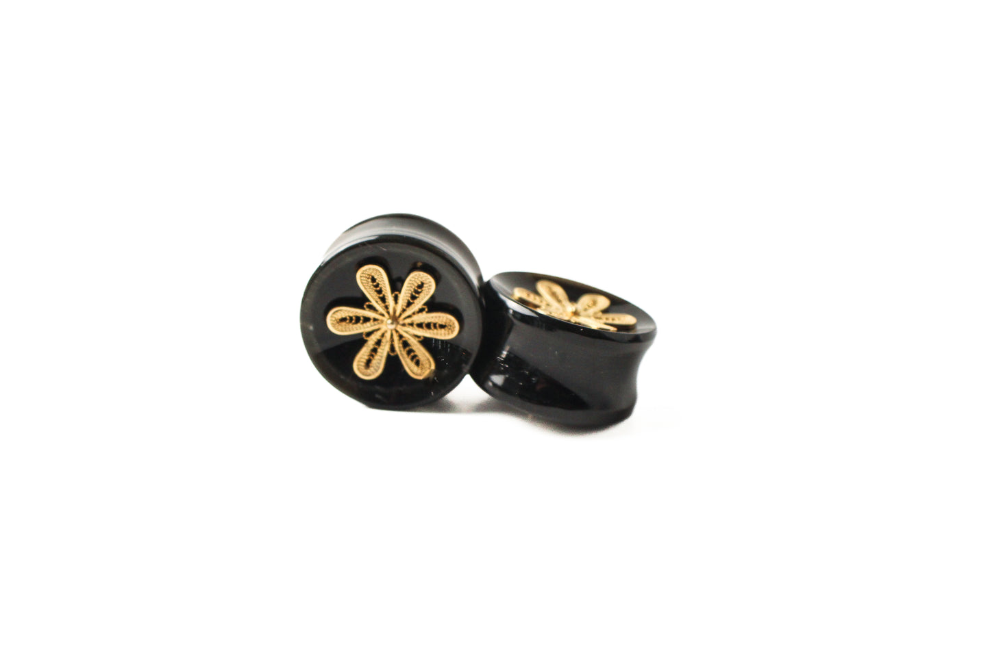 7/8" (22mm) - Gorilla Glass Limited Filigrana Plugs - Concave Obsidian + Gold Inlay