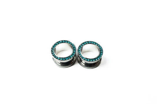 9/16" (14mm) - Surgical Steel threaded tunnels with CZ - Teal