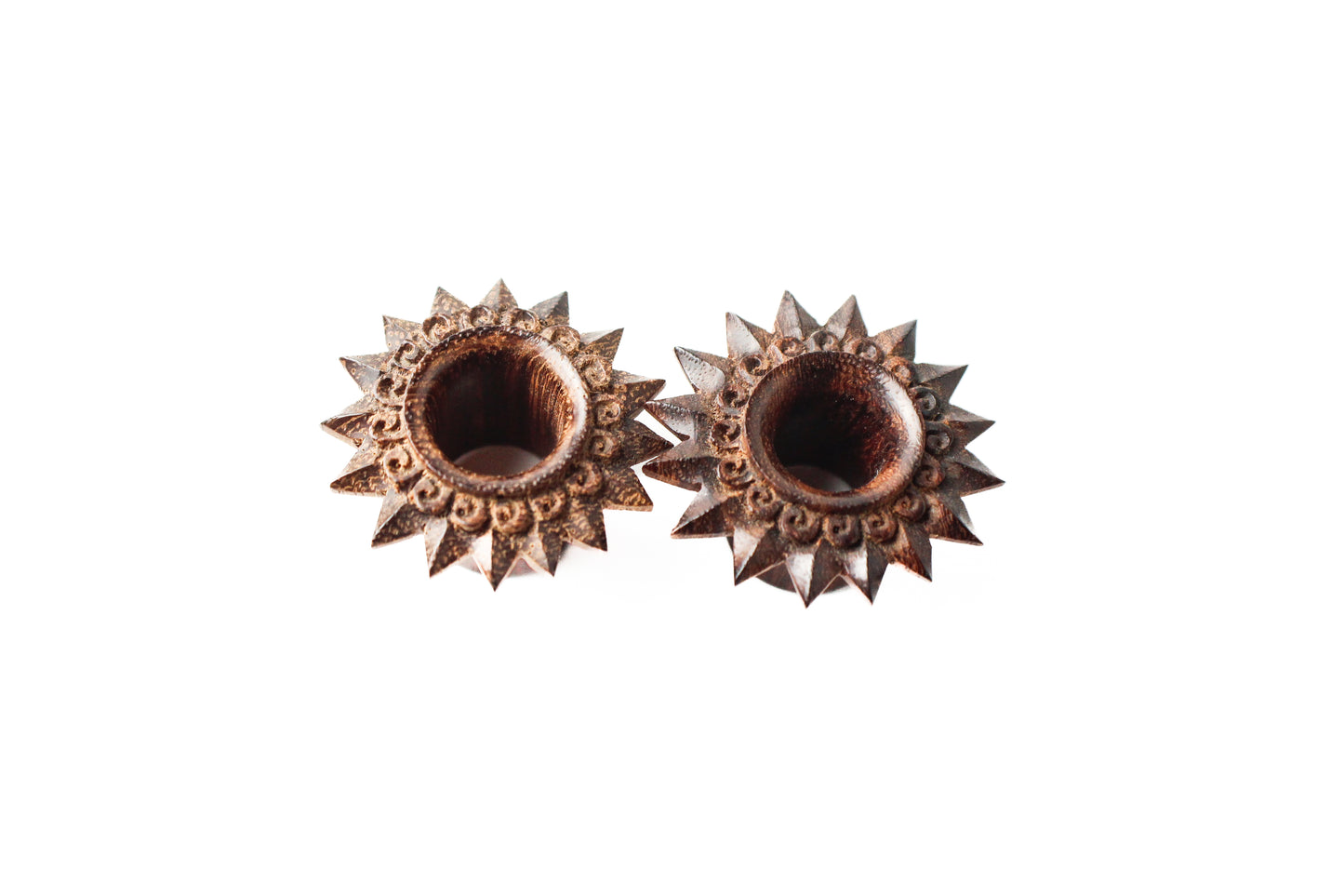 9/16" (14mm) - Hand Carved Sun Wooden Double Flare Plugs