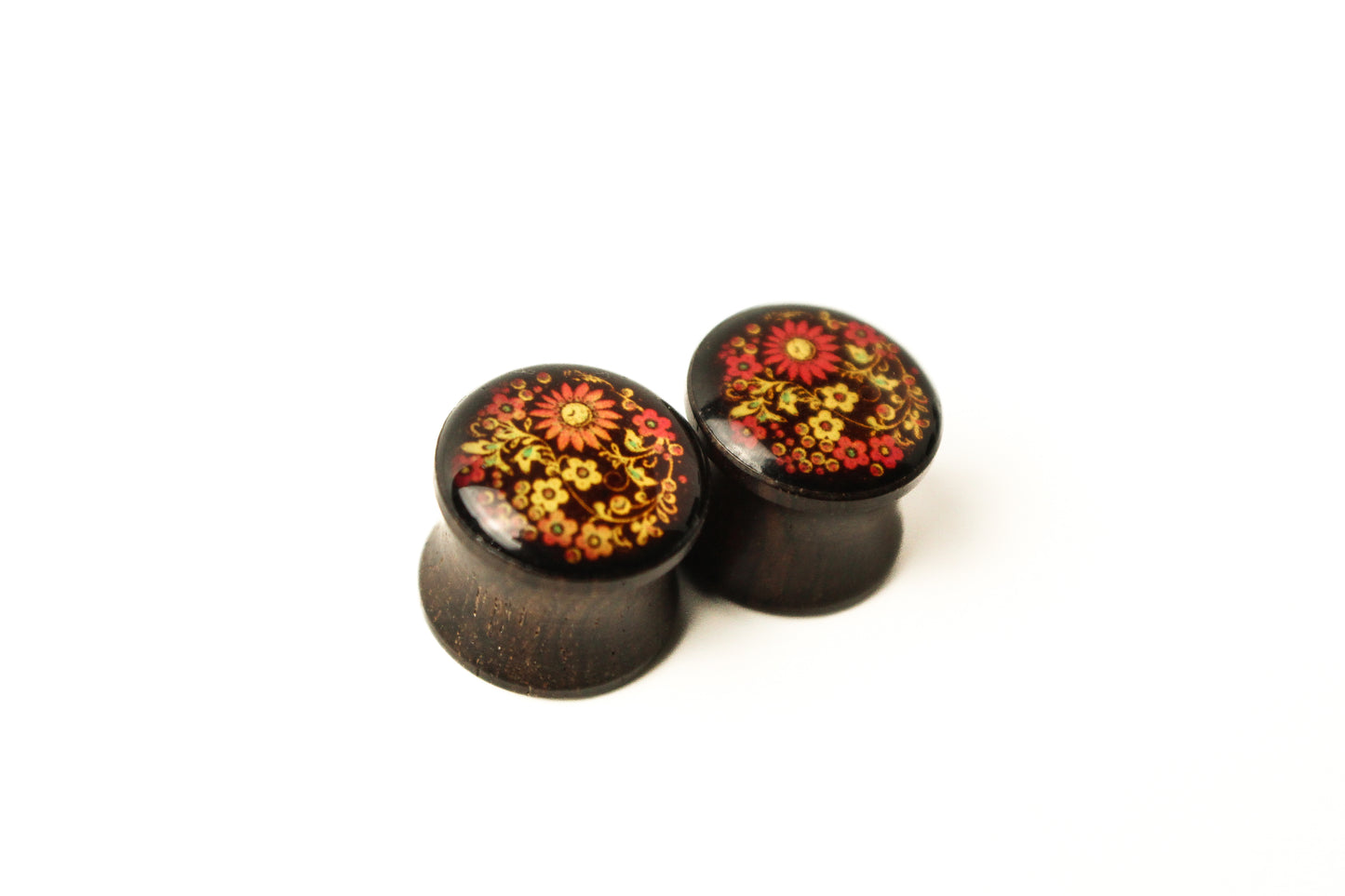 1/2" - Ebony wood Double Flare Plugs with Flower picture