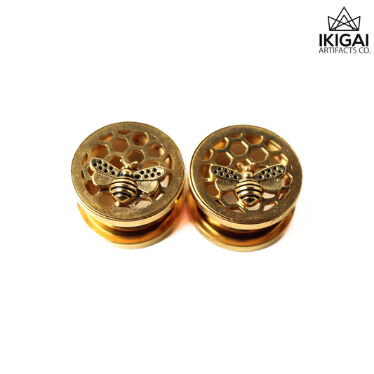 9/16" (14mm) - Honey Comb + Bee Gold PVD Coated Double Flare Plugs