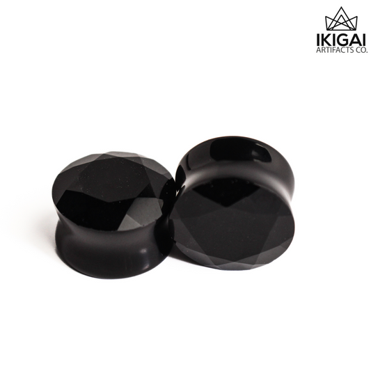 3/4" (19mm) - Faceted Black Glass Double Flare Plugs