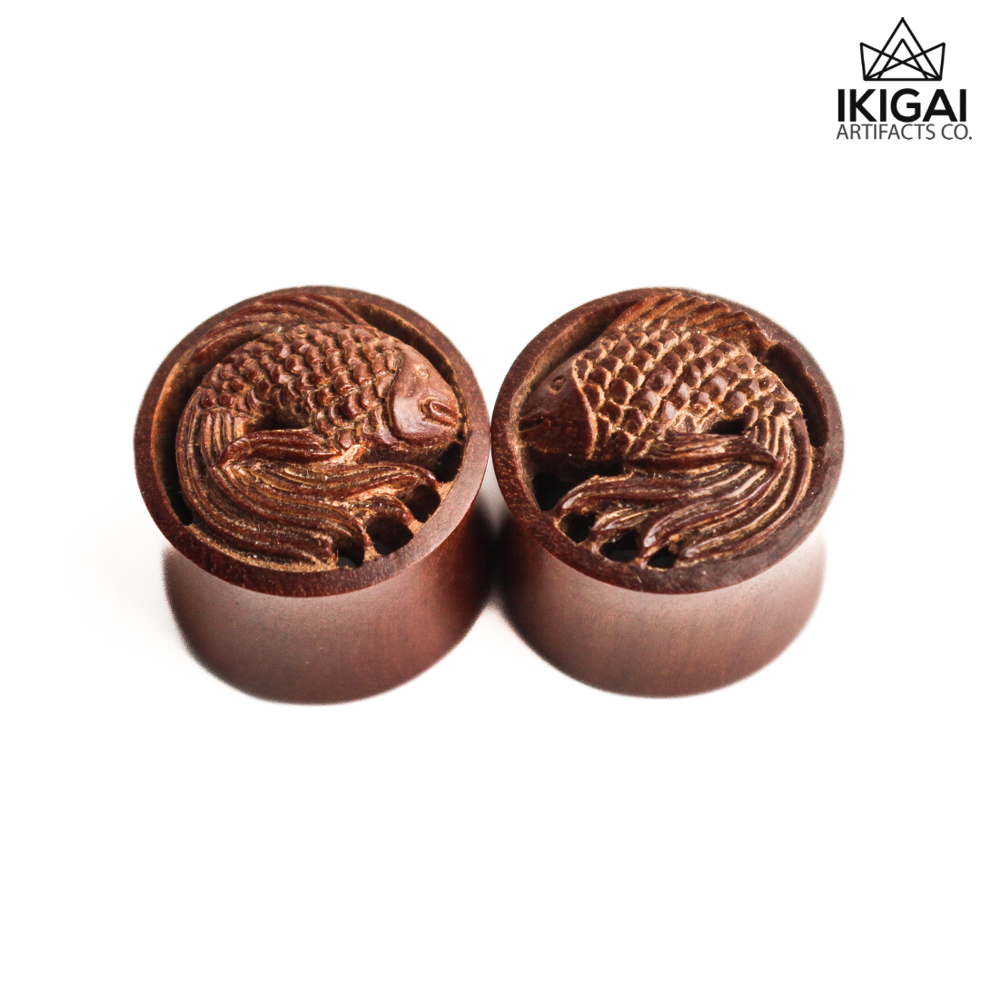 5/8" (16mm) - Carved Wood Koi Fish Double Flare Plugs