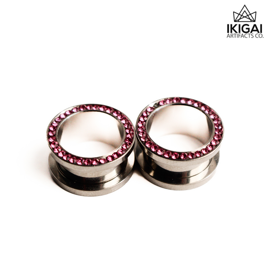 5/8" (16mm) - Surgical Steel Double Flare Tunnels with pink CZ - discounted