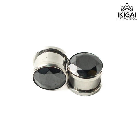 9/16" (14mm) - Stainless Steel Threaded double flare plugs with black CZ