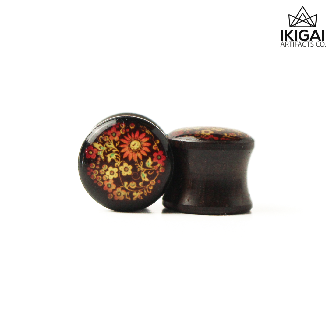 1/2" - Ebony wood Double Flare Plugs with Flower picture