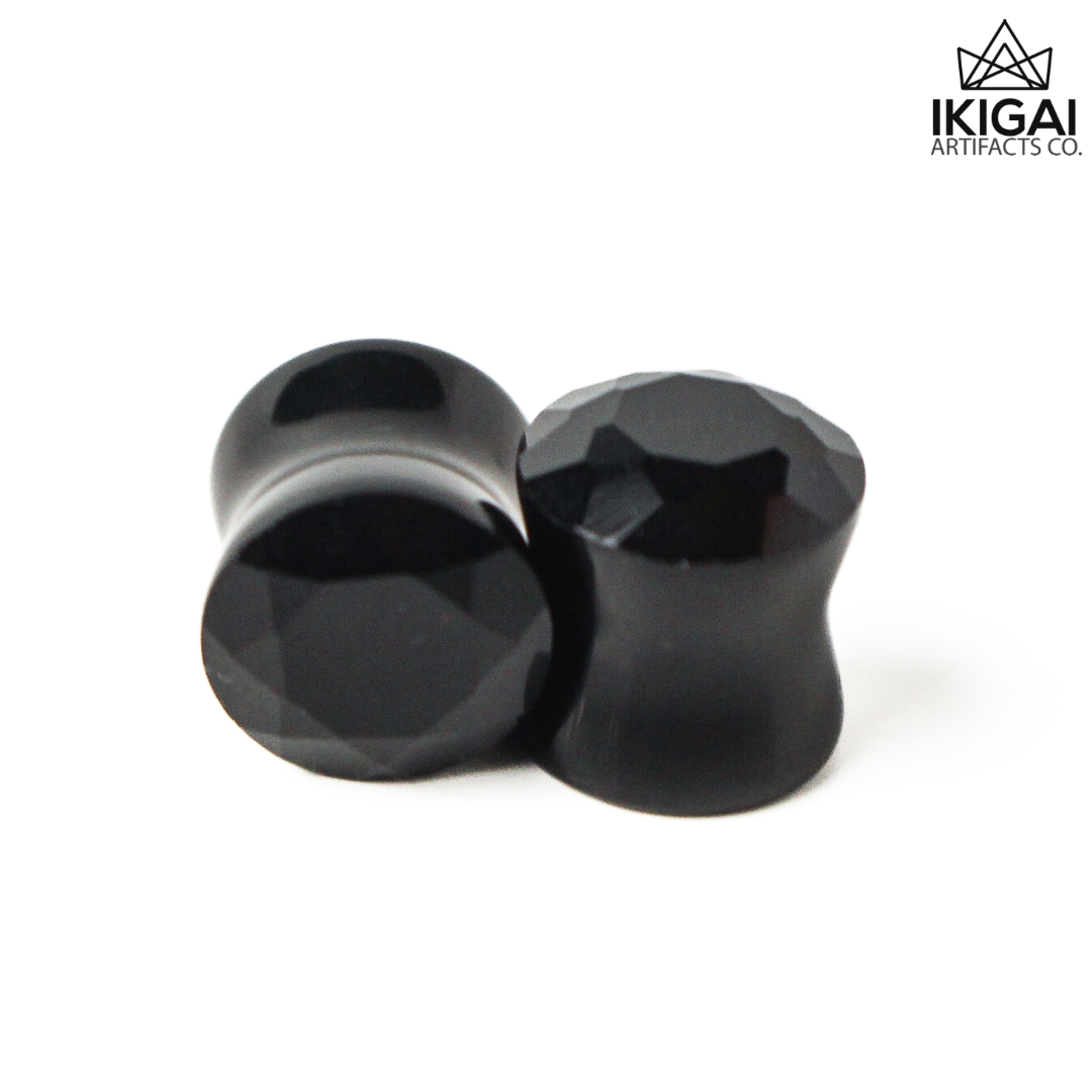 7/16" (11mm) - Black Glass Faceted Double Flare Plugs